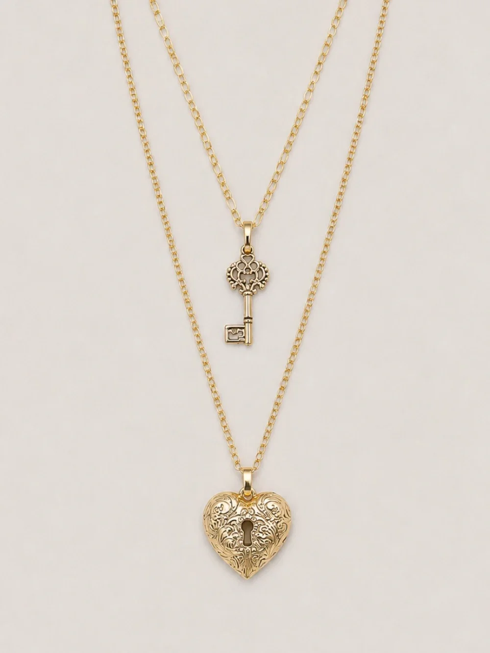 New! Gold Heart Locket & Key Layered Necklace - Women's Jewelry